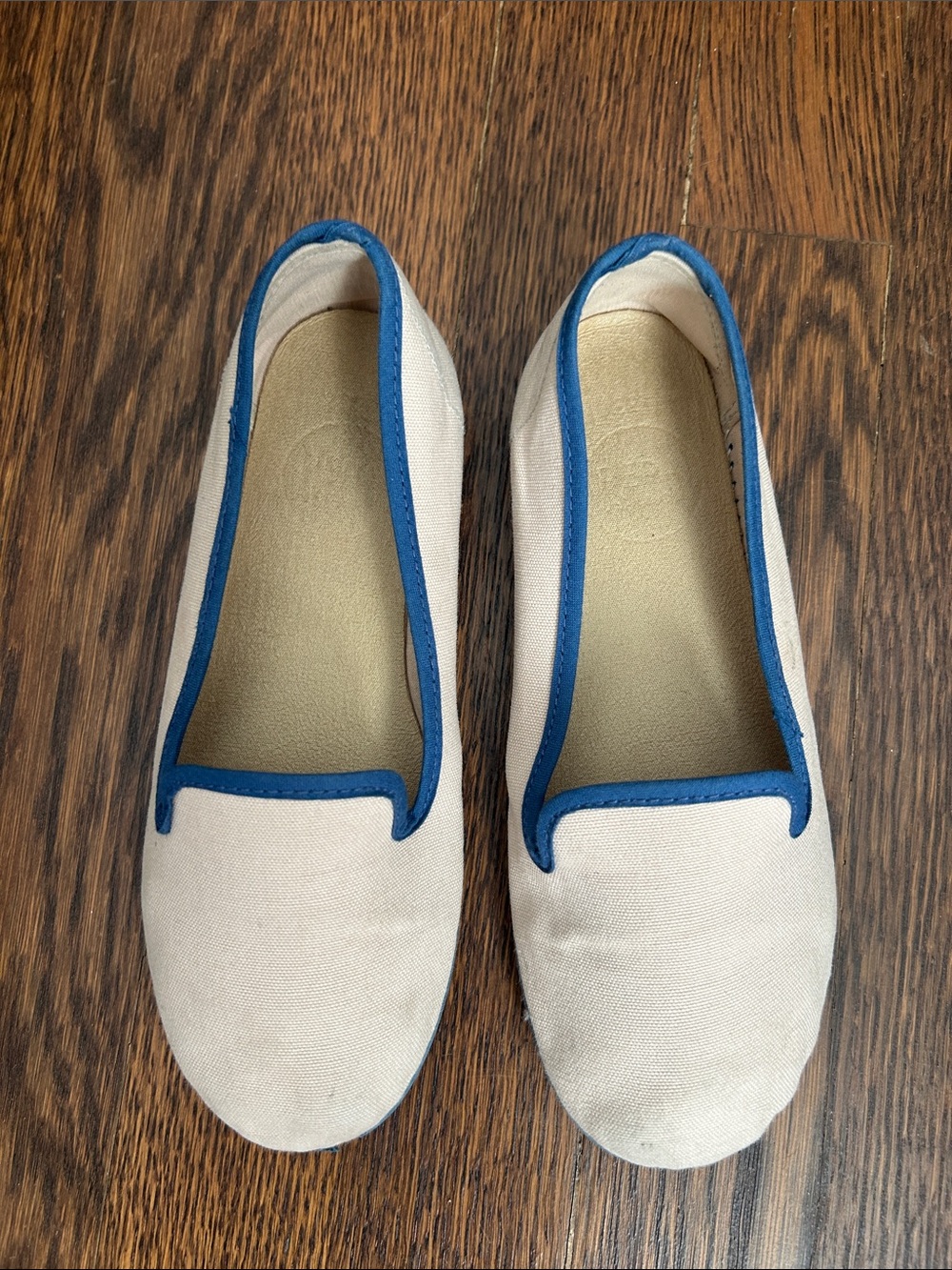 Pepa London Kids Canvas Slippers in Cream with Blue Trim